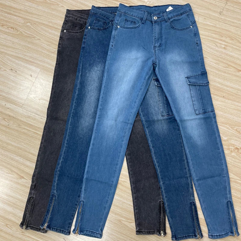 LIZAKOSHT  -  New Style Denim Jeans for Women Zipper Leg Pockets Elastic Streetwear Distressed Cargo Trousers Pants Slim Pencil Jeans