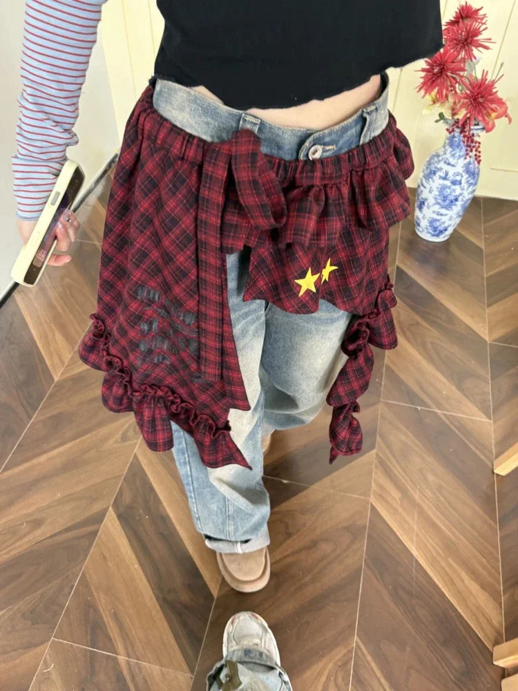 LIZAKOSHT  -  Y2k Aesthetic Plaid Irregular Ruffled Skirts Vintage Women Streetwear Letter Print Faldas Harajuku Grunge Casual Bandage Skirt