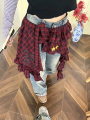 LIZAKOSHT  -  Y2k Aesthetic Plaid Irregular Ruffled Skirts Vintage Women Streetwear Letter Print Faldas Harajuku Grunge Casual Bandage Skirt