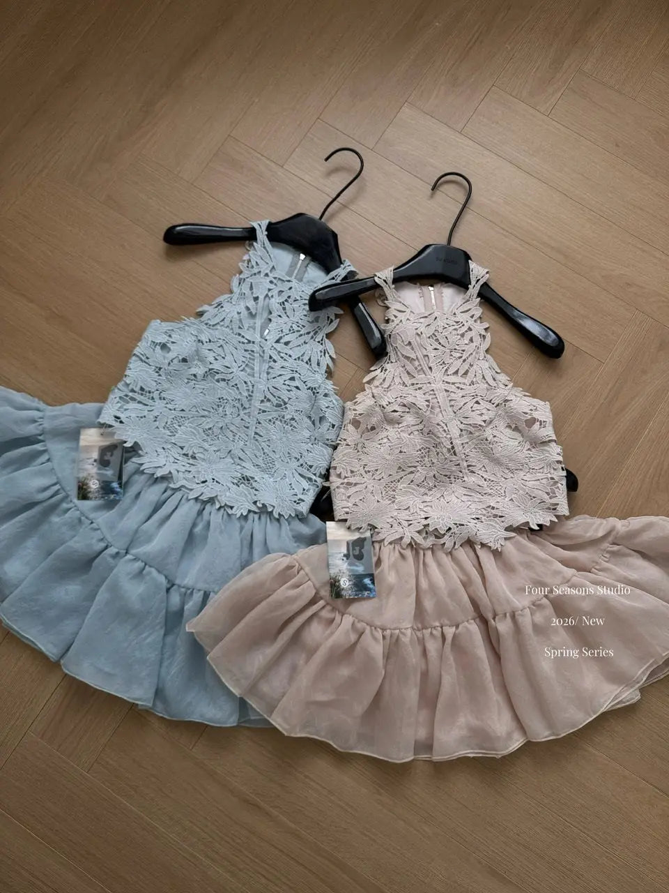 LIZAKOSHT  -  French Luxury Elegant 2 Piece Set for Women Lace Halter Neck Top + High Waist Puffy Skirt Slim Fit Sweet Sexy Chic Party Outfit