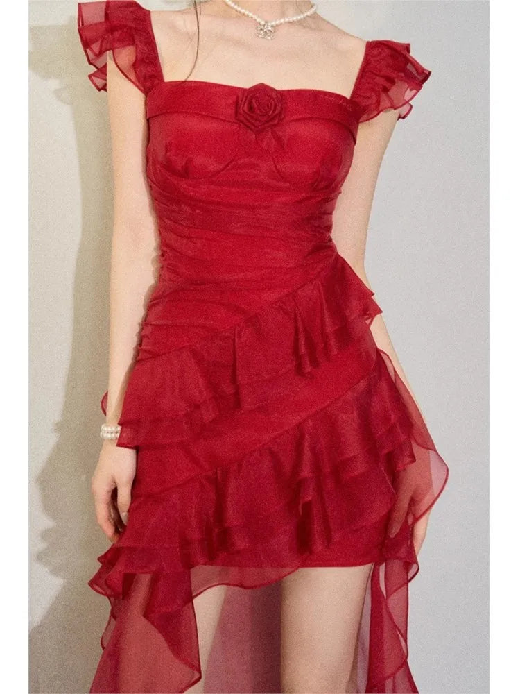 LIZAKOSHT  -  Vintage Sexy Ruffles Summer Dress for Women 2024 Elegant Fairy Dress Club Evening Party Dress Slash Neck Split Red Long Vestidos