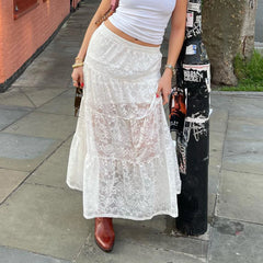 LIZAKOSHT  -  Y2K Fairy Coquette Women Lace Skirt Elegant High Waist Flowy Swing Skirt Summer Long Sheer Skirt for Casual Daily