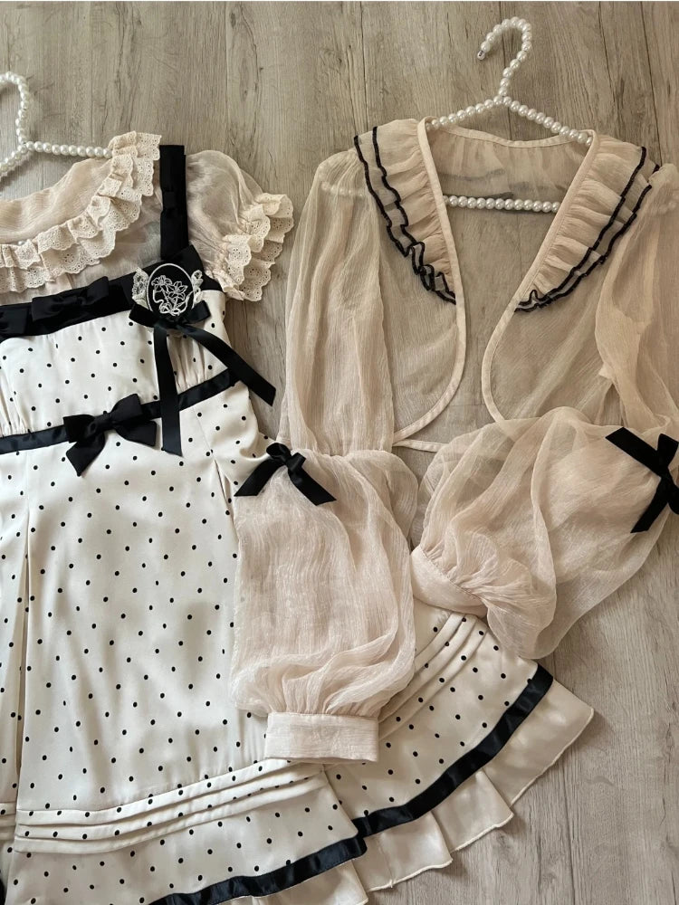 LIZAKOSHT  -  Summer Kawaii Polka Dot 2-piece Set Women Bow Cute Mini Dress + Solid Short Cardigan Daily Elegant Lolita Dress Sets New