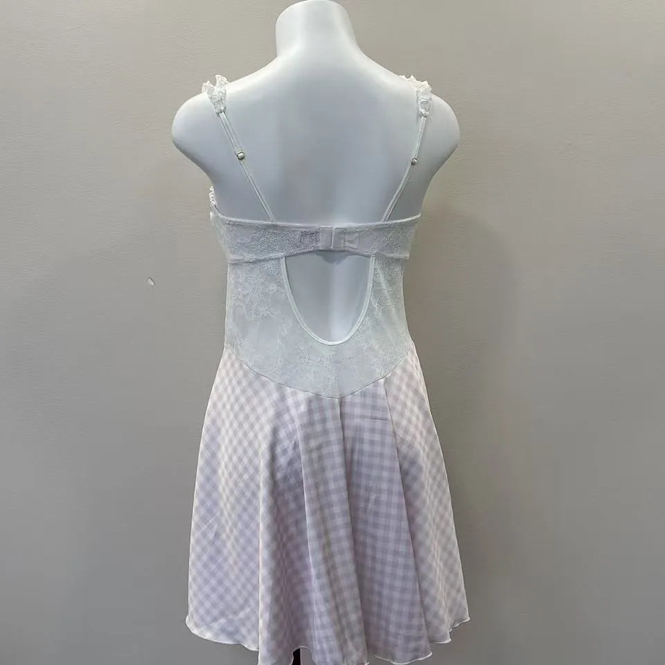 LIZAKOSHT  -  Sweet Heart Nightgowns Plaid Nightdress College Style Summer Sexy Nightgowns Spice Wide Edge Lace Dress Waist Skinny Nightgowns