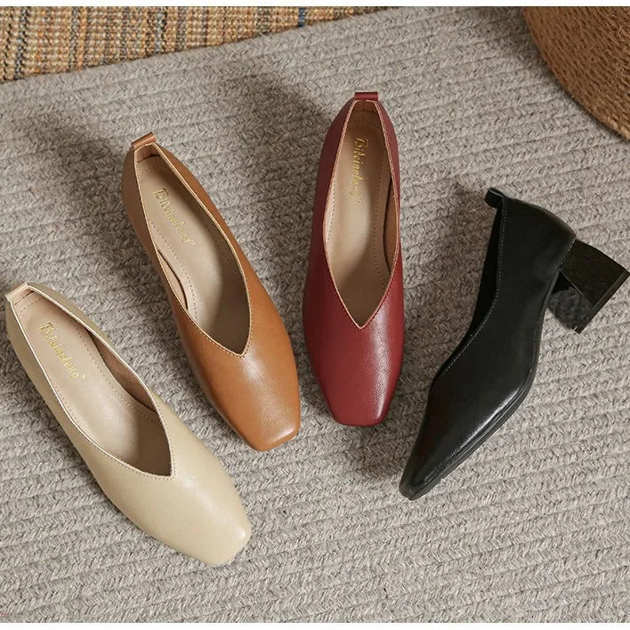 LIZAKOSHT  -  Women's Genuine Leather Shoes Soft Bottom Slip-On High Heels Spring Summer Season Square Head Versatile Mid Heel Casual Shoes