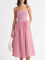 LIZAKOSHT  -  Women Elegant Hight Waist Draped Holiday Dress Fashion Striped Print Sleeveless Long Dress Sexy Off Shoulder Summer Party Dress
