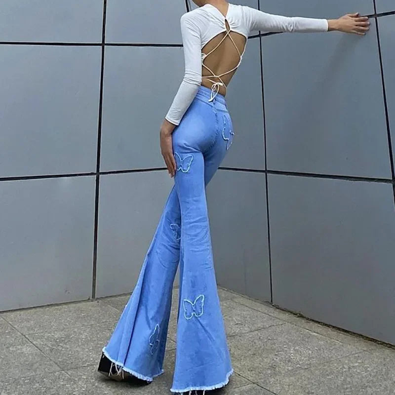 LIZAKOSHT  -  Solid Color Butterfly Print High Waist Bag Hip Casual Denim Flared Trousers 2024 Autumn Fashion Street Style Women's Trousers