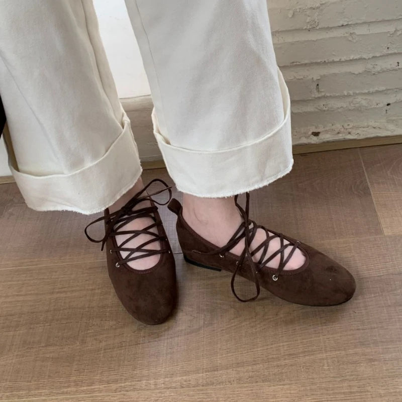 LIZAKOSHT  -  Autumn Cross Tied Round Toe Flat Shoes Women Retro Comfort Casual Shoes Shallow Ballet Style Elegant Mary Jane Shoes Women