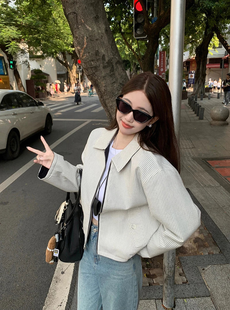 LIZAKOSHT  -  Reversible Jacket Women Spring Fall Simple Vintage Striped Baseball Zipper Chic Golf Outwear Harajuku Classic Commute Tops