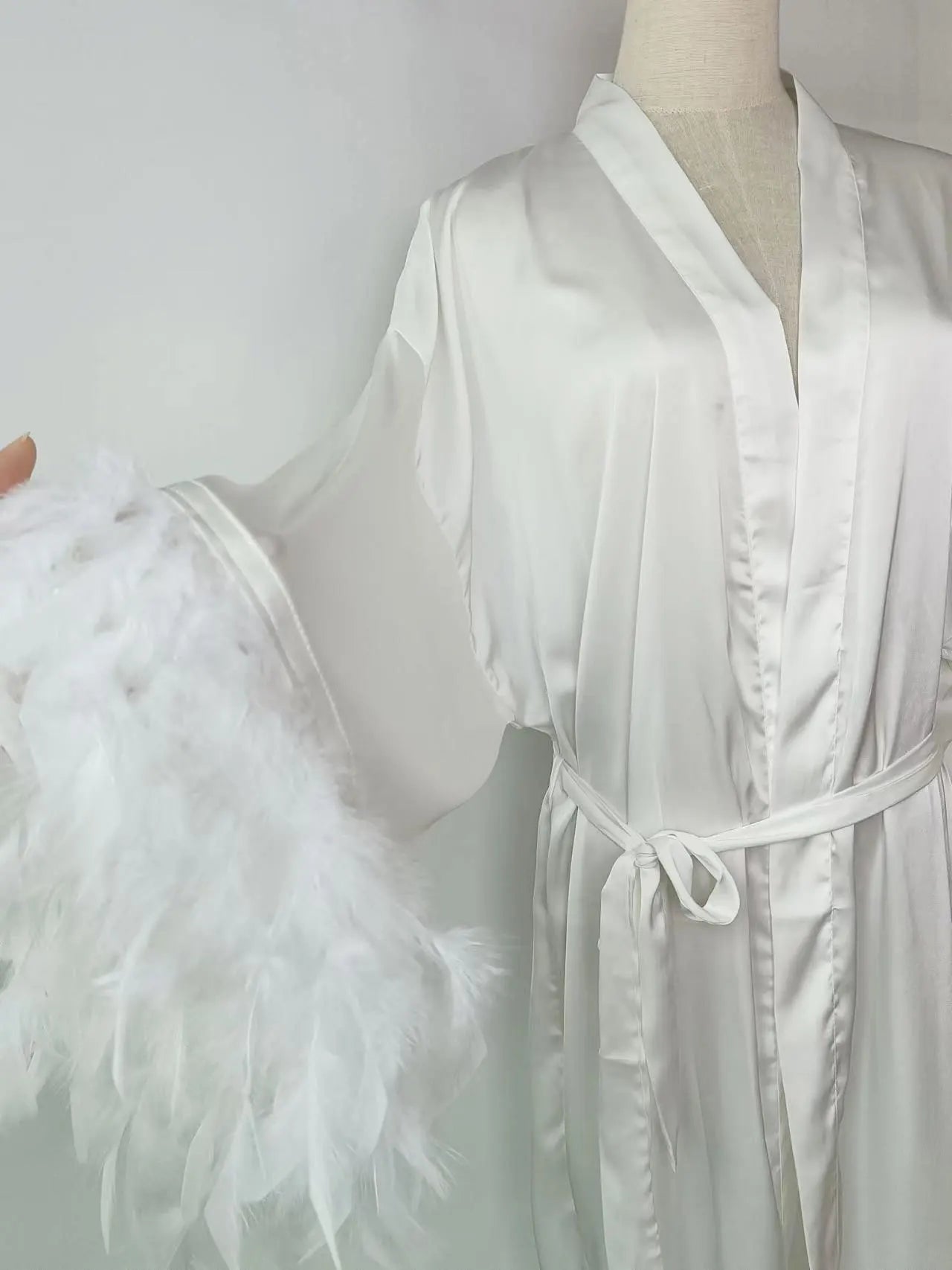 LIZAKOSHT  -  Soft White Wedding Robe Bridal Feather Sleeves Gown Bride Silk Boudoir Robes Satin Bridal Lingerie Long Bathrobe Handmade Kimono