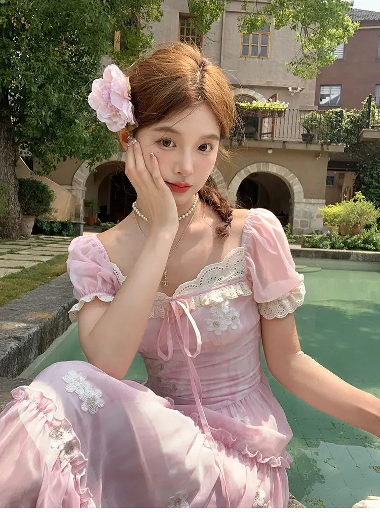 LIZAKOSHT  -  Dress With Lace Embroidery Flowers Pink Gentle And Sweet French Romantic Super Fairy Puff Sleeve Long Dress Large Size Summer