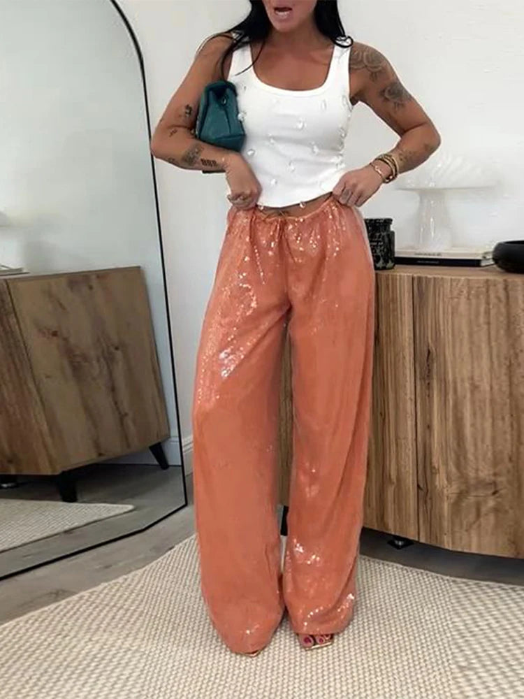 LIZAKOSHT  -  Fashion  Sequin Wide Leg Pants Women Casual Loose Lace Up Low Waist Straight Trousers 2025 Summer Lady Vintage High Street Pants