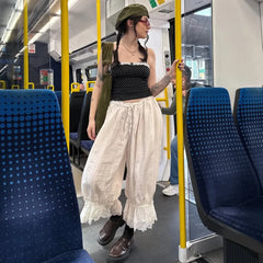 LIZAKOSHT  -  Autumn Lace Patchwork Casual Long Pants For Women Fashion Ruched Sexy Elastic Lace-up Loose Long Pants Female Outfits