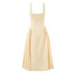 LIZAKOSHT  -  Women Yellow Sexy Elegant Tank Dress O Neck Low Waist A-line Summer Party Dresses Chic Lady Vacation Robe