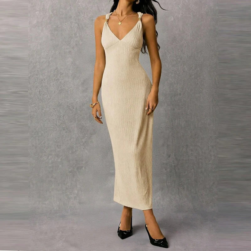 LIZAKOSHT  -  Elegant V-neck High Waist Skinny Dress Women Sexy Backless Sleeveless Long Dress Fashion Draped Hollow Out Slim Gowns Dress