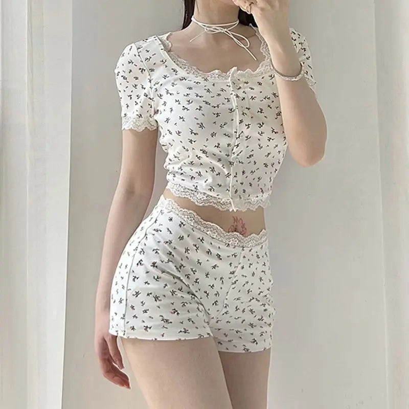 LIZAKOSHT  -  Suits Printed Tracksuits Women Sleepwear Regular Casual O-Neck Slim Skinny Fashion Sexy 2 Pieces Suit Sets (Tops+ Shorts)