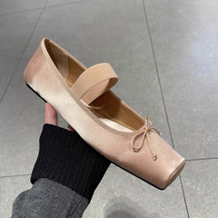 LIZAKOSHT  -  sweet pink silk flat shoes woman square toe bowtie ballet flats silver leather mary janes shoes elastic band moccasions women