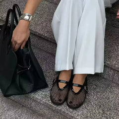 LIZAKOSHT  -  Fashion women mesh ballet falts round toe buckle strap pumps