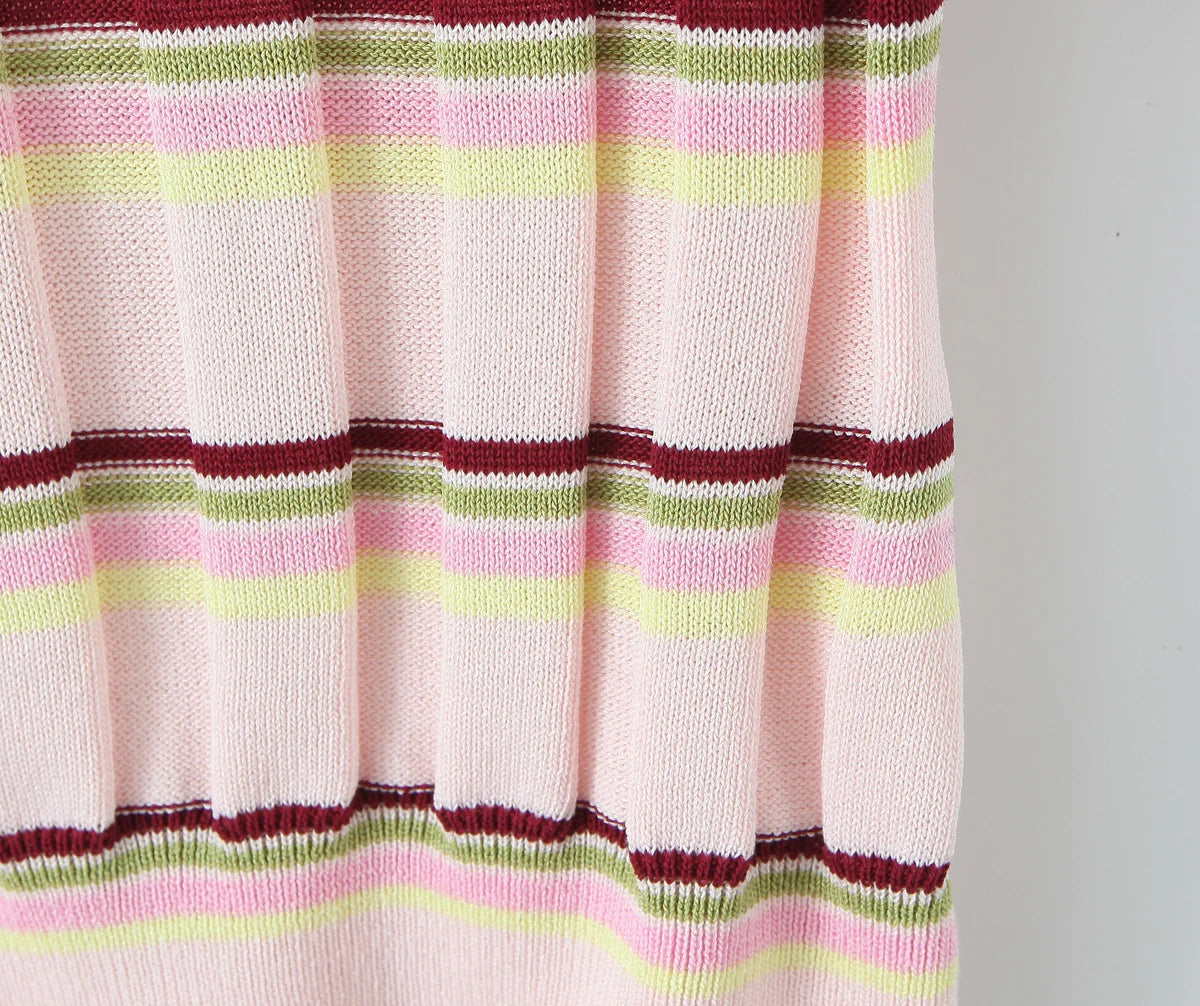 LIZAKOSHT  -  Women Pink Stripes Open Buttons Polo Collar Rib Knitted Short Sleeve Sweater Pullovers Knitwear All Match Knitting Tops Jumper