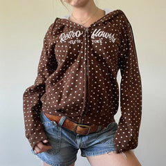 LIZAKOSHT  -  Retro Brown Polka Dot Print Hooded Sweatshirt Women Zip-Up hoodie Coats Clothes Women Autumn Going Out Outfit Streetwea