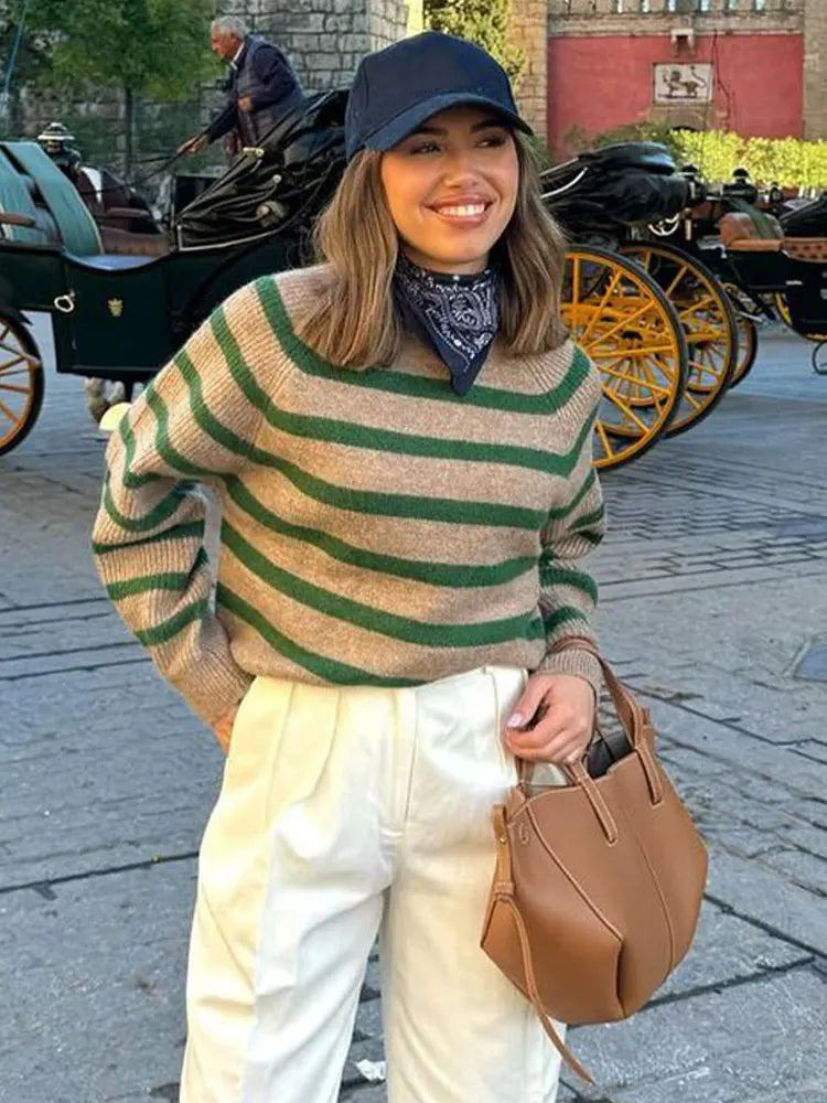 Lizakosht Green Stripe Knitted O-neck Casual Jumper For Women Long Sleeve Ribbed Cuff Loose Elegant Sweater Fall Winter Chic Lady Pullover