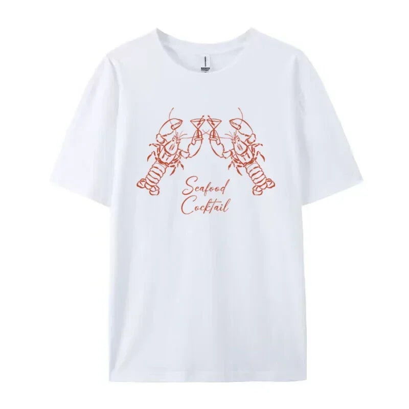 LIZAKOSHT  -  Lobster Cocktail Seafood Graphic Tees Cute Aesthetic La Dolce Vita T Shirt Short Sleeve Cotton Shirt Female Retro Women Tops Y2k