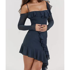 LIZAKOSHT  -  Women Ruffles Asymmetric Hem Mini Party Robe Sexy Irregular Wood ears Slash Collar Off Shoulder Full Sleeve Mesh Dress