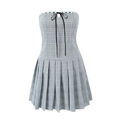LIZAKOSHT  -  Europe and America Wind Summer New French Retro Sexy Spice Girl Plaid Pure Desire Slim Pleated Skirt.