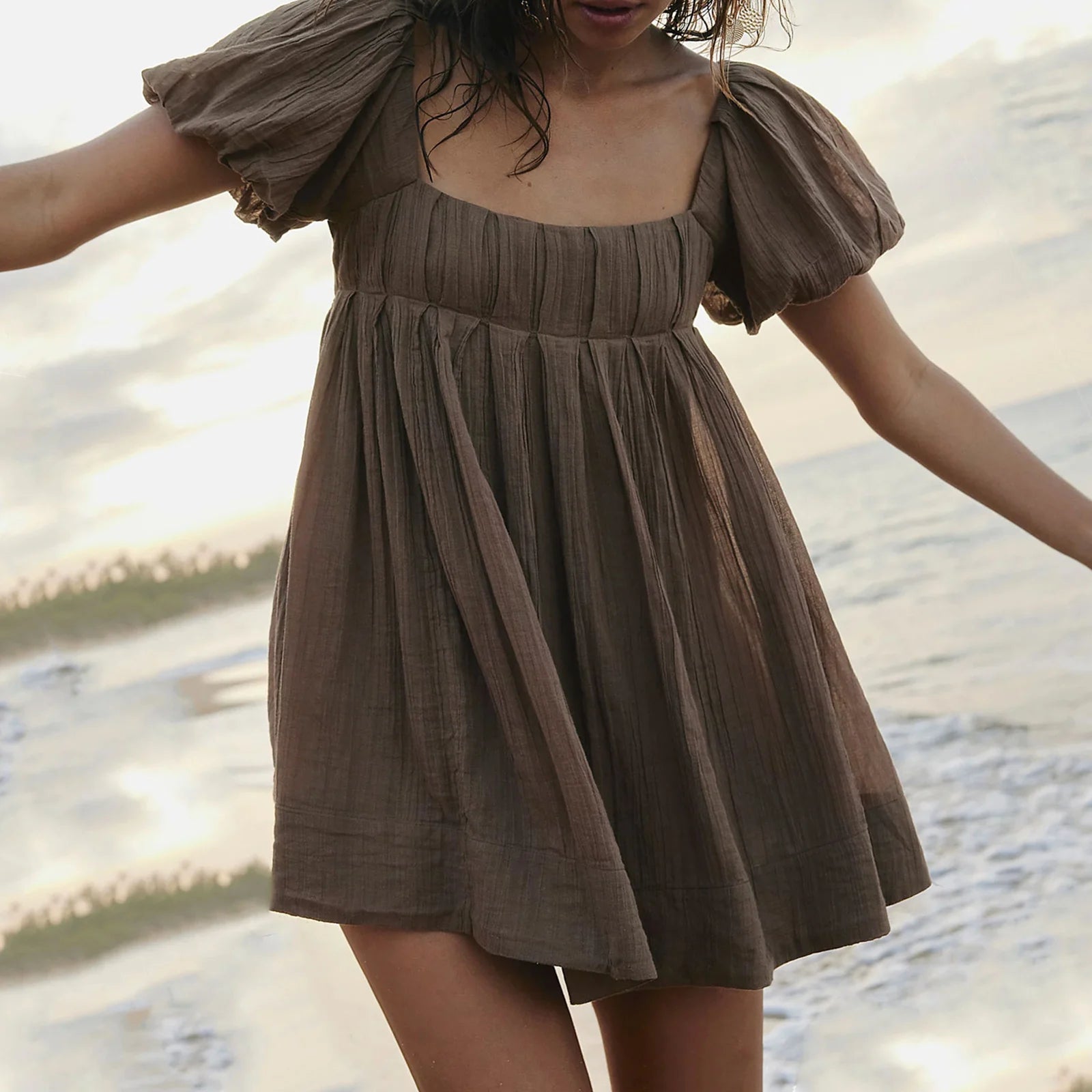 LIZAKOSHT  -  Women Y2k Puff Sleeve Babydoll Short Dress Square Neck Tie Back Mini Dress Flowy Solid Color Summer Vacation Dres