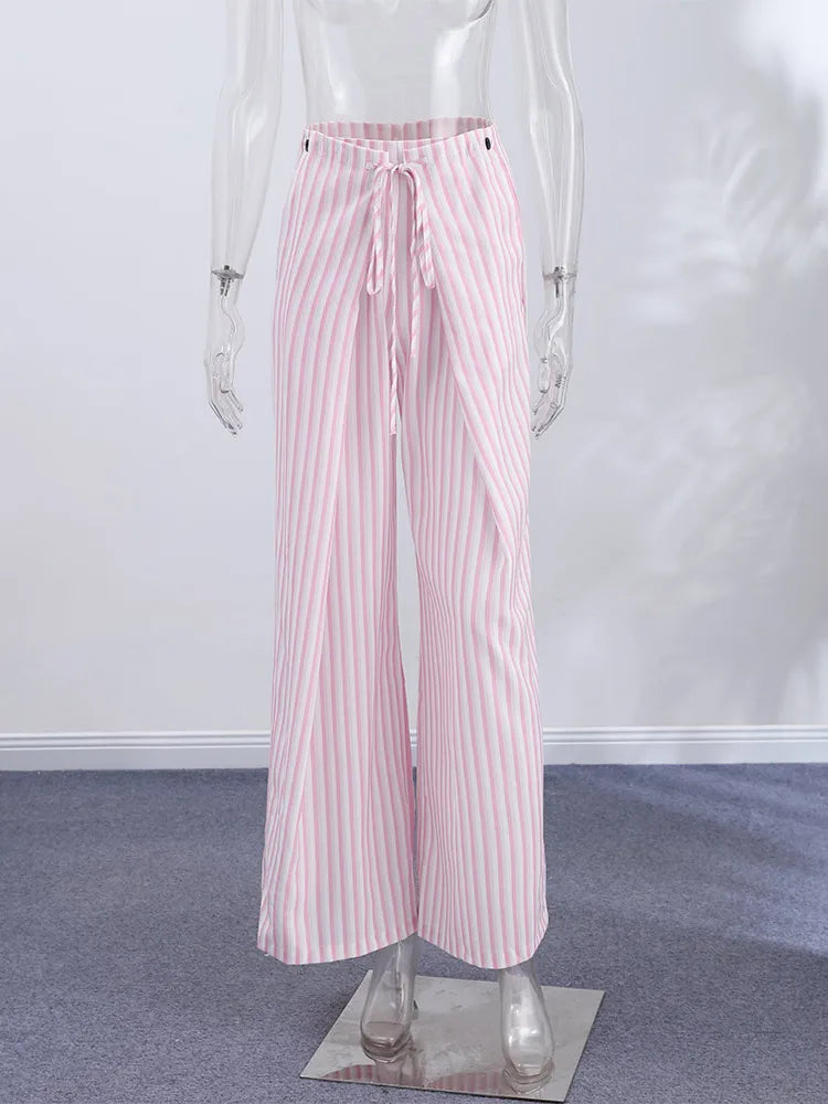 LIZAKOSHT  -  Pants Leg Stripe Women Trousers Adjustable Waist Wrap Loose Summer Floor Length Boho Palazzo Trousers Women Outfit For Women