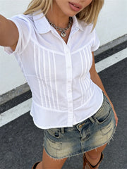 LIZAKOSHT  -  Women's Summer Shirt Solid Color Short Sleeve Lapel Button Down Pleated Slim Fit Tops