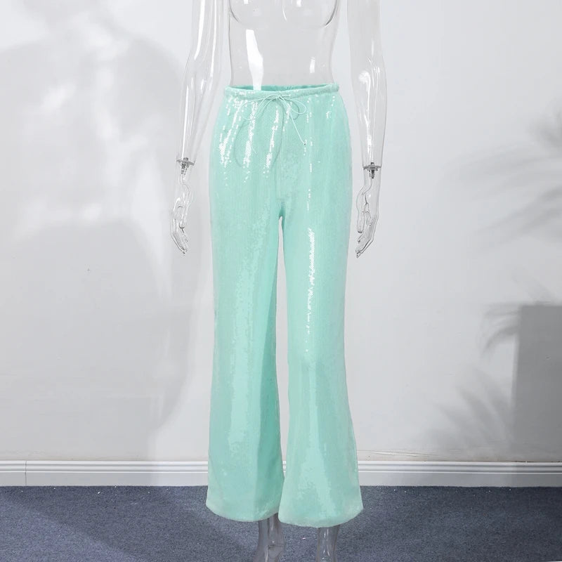 LIZAKOSHT  -  Fashion  Sequin Wide Leg Pants Women Casual Loose Lace Up Low Waist Straight Trousers 2025 Summer Lady Vintage High Street Pants