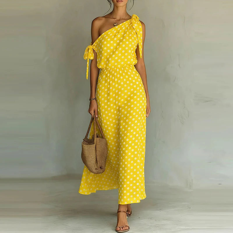 LIZAKOSHT  -  Trendy Asymmetry Slash Collar Polka Dot Print Dress Elegant Tie Up Hollow Out Slim Dress Temperament Lady High Waist Party Dress