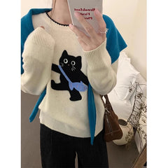 LIZAKOSHT  -  Cartoon Cat Sweater Women Kawaii Cute Print Knitted Pullovers Harajuku Korean Long Sleeve Knitwear Winter Red Jumpers New