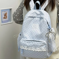 LIZAKOSHT  -  Fashion Polka Dot Travel Backpack Large Capacity Nylon Student Schoolbag Multi-pocket with Lace Laptop Daypack Daily Travel Bag