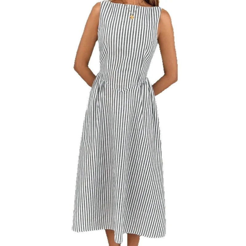 LIZAKOSHT  -  Women's Sleeveless Vertical Striped Midi Dress Elegant High Waist A-Line Vacation Dress