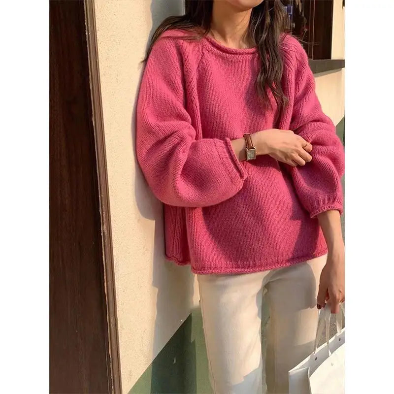 LIZAKOSHT  -  Sweater for Women Casual Soft Warm Sweater Solid Lantern Sleeve Knitted Short Pullovers Korean Loose Outerwear White Jumper