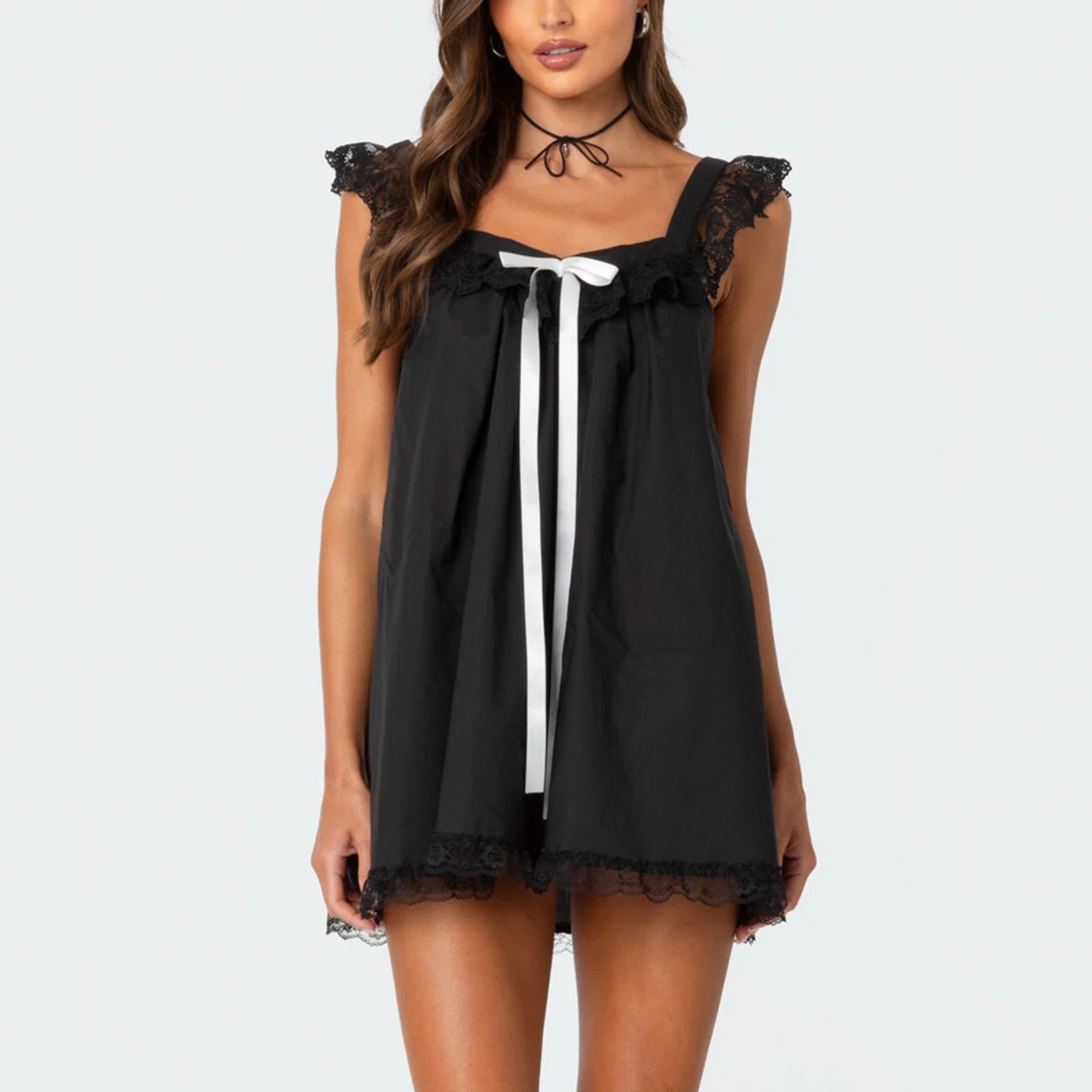 LIZAKOSHT  -  Women Y2K Lace Trim Mini Dress Cute Fly Sleeve Bowknot Babysoll Short Dress Summer Fairy Grunge Party Night Dress