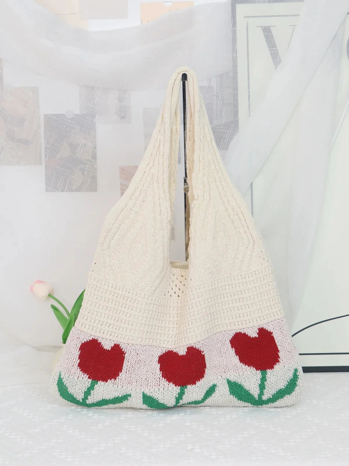 LIZAKOSHT  -  Floral Knitted Hollow out Yarn Single Shoulder Bag Vintage Style round Cylinder Soft Polyester Fiber Beach Travel Handbag