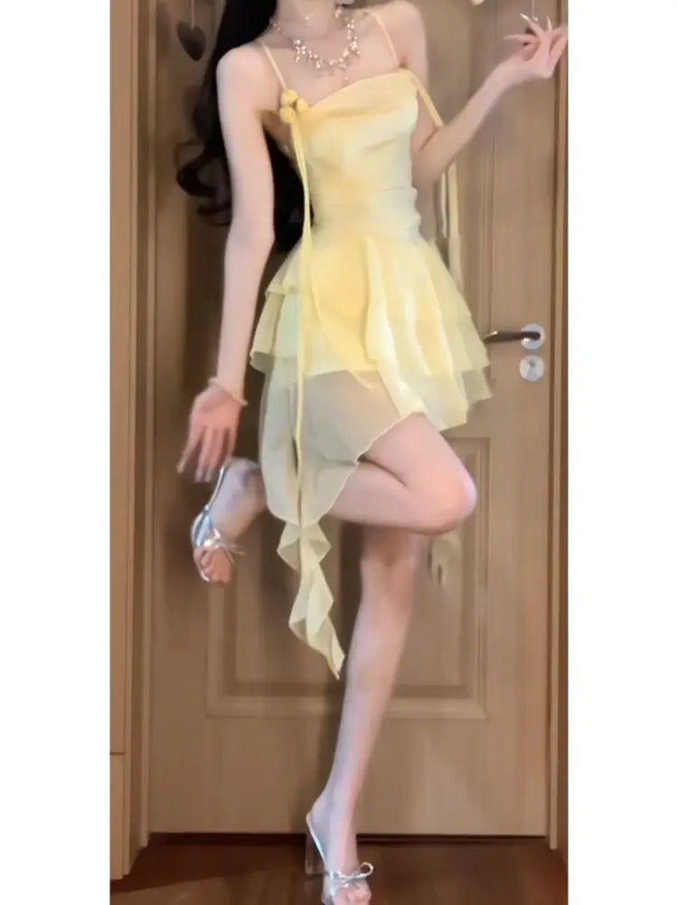LIZAKOSHT  -  Japan Woman's Sexy Dress Yellow Square Collar Sleeveless Backless Summer Dresses Woman Trendy  New