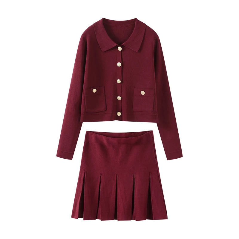 LIZAKOSHT  -  Gold Single Breasted Sweater Knitted Shirt Top Short Skirt Set Women Lapel Double Pockets Knitwear Slim Fit Coat Pleated Skirts