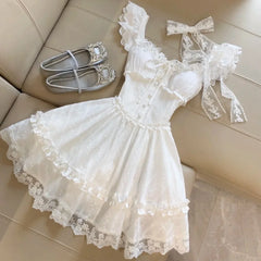 LIZAKOSHT  -  French Elegant Sweet Mini Puffy Sleeve First Love Summer New Fairy Tale Princess Skirt Short Sleeve Asymmetrical Shoulder Dress