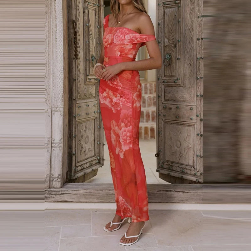 LIZAKOSHT  -  Pattern printed women's temperament slim fit dress casual vacation elegant off shoulder fashion party long dress