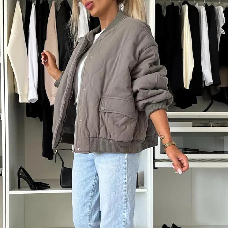 LIZAKOSHT  -  Lady Elegant Warm Pocket Down Coat Casual O Neck Single Breasted Cotton Jacket Fall Winter Long Sleeved Solid Loose Outwear