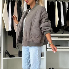 LIZAKOSHT  -  Lady Elegant Warm Pocket Down Coat Casual O Neck Single Breasted Cotton Jacket Fall Winter Long Sleeved Solid Loose Outwear