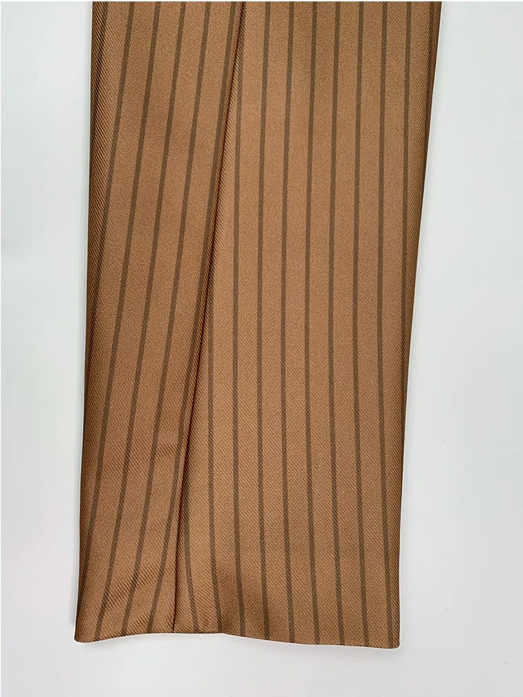 LIZAKOSHT  -  Striped Pants Short Blazer Outerwear 2025 New Brown V-Neck Loose Buttoned Split-Joint Wide Leg Trousers Female Clothin