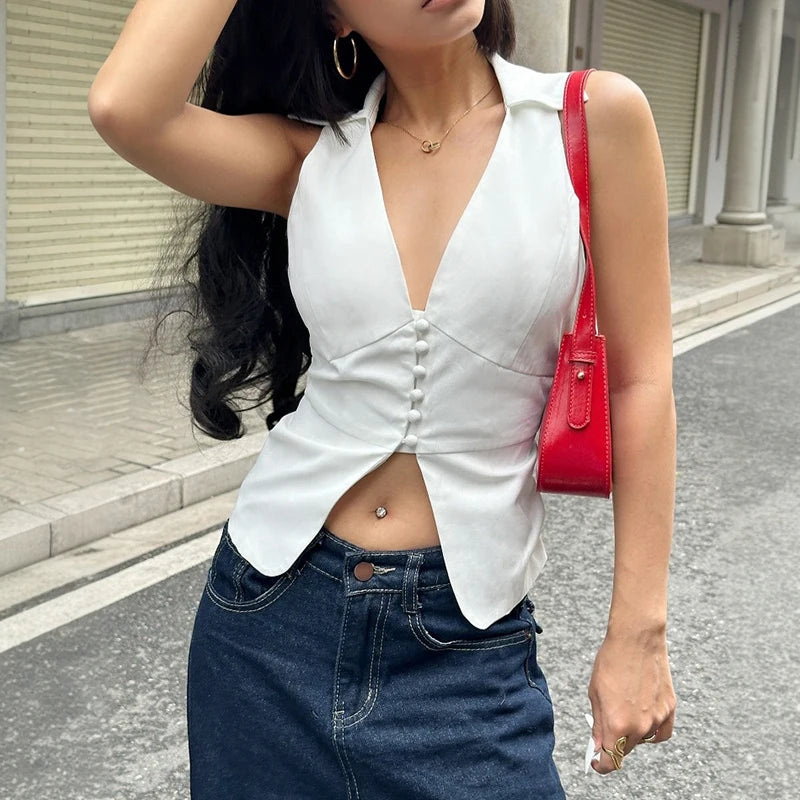 LIZAKOSHT  -  Women Casual V-neck Buttons Sleeveless Shirt Vest Minimalist Office Wear Lady Waistcoat Fashion Elegant White Tanks