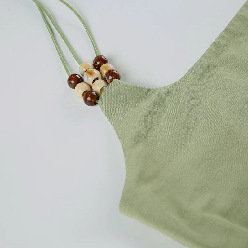 LIZAKOSHT  -  Halter Beads Vacation Camisoles Designed Lace-up Casual Vest Spring Summer Beach Party Sexy Backless Slim Fit Tank Tops