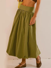 LIZAKOSHT  -  Women Long Maxi Skirts Casual Loose Fit Elastic Waist Solid Color Ruched Pleated Skirts for Summer Spring Streetwear
