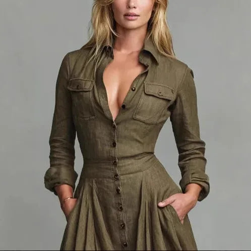 LIZAKOSHT  -  European American Women Dresses Retro Turndown Collar Pocket Long Dress Autumn Single Breasted Long Sleeve A-Line Street Dress